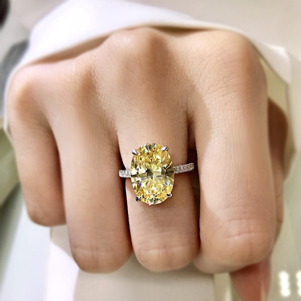 Longlong gold S925 silver high carbon drill Oval 9*13 Yellow Diamond White Diamond pink diamond simple European and American Raydion cutting ring