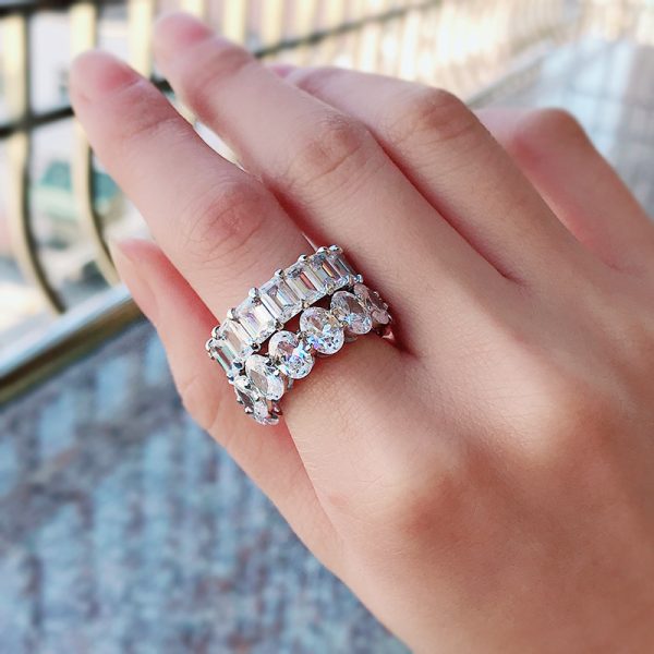 S925 silver simulation row Diamond ring pigeon egg goose egg female emerald car flower cutting European and American cross-border European and American fashion
