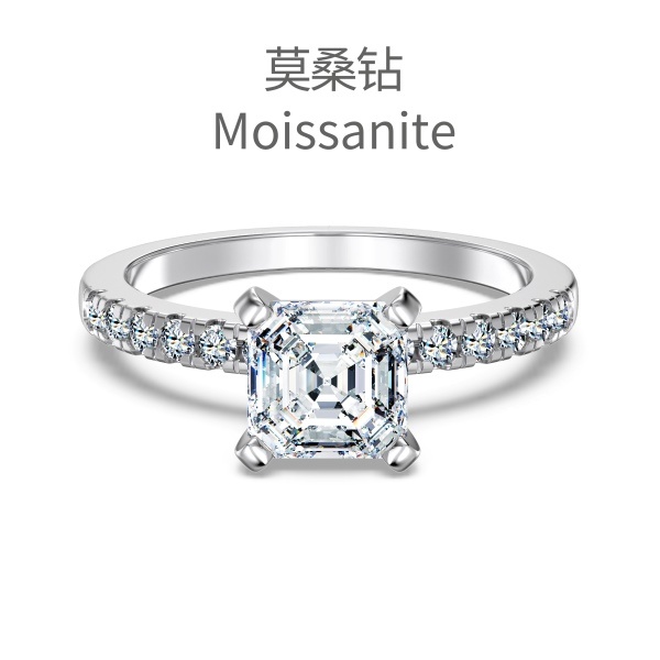 "Moissanite Series" cross-border hot model S925 white four-claw square small row diamond inlaid small sparkling light luxury ring