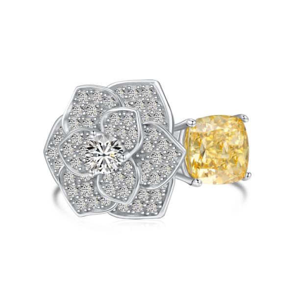 925 Sterling Silver Yellow Fat Square Ice Flower Cut Ring