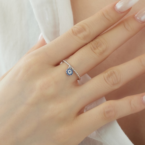 925 Sterling Silver Blue and White Cubic Zirconia Evil Eyes Ring - Image 4