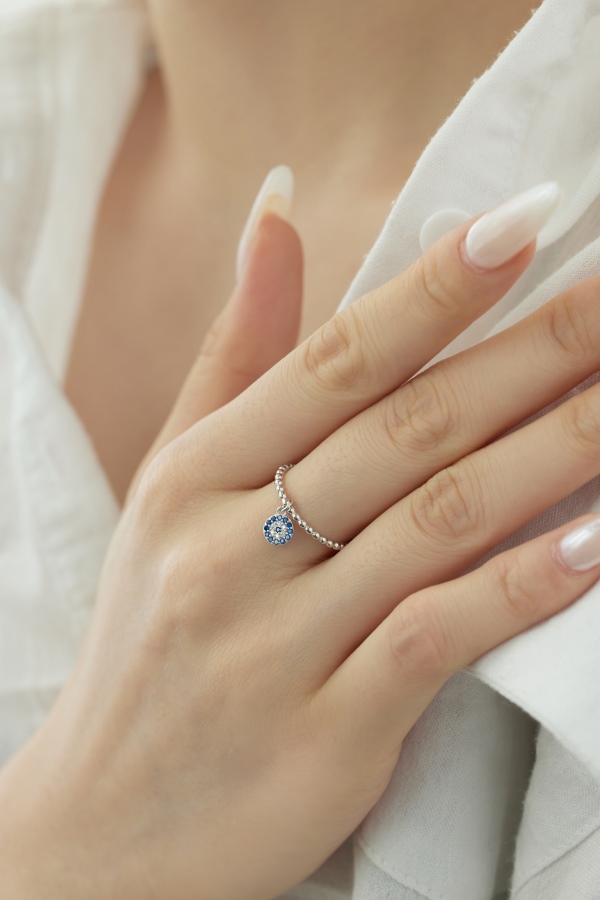 925 Sterling Silver Blue and White Cubic Zirconia Evil Eyes Ring - Image 5