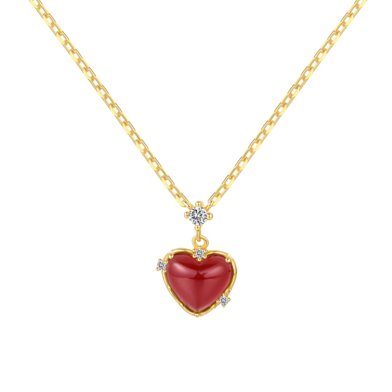 925 Sterling Silver 18K Gold Plated Red Heart Agate Necklace